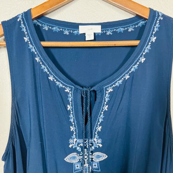 J Jill Halter Dress Navy Blue Embroidered Trim Keyhole Sleeveless Spring - M - Picture 5 of 9